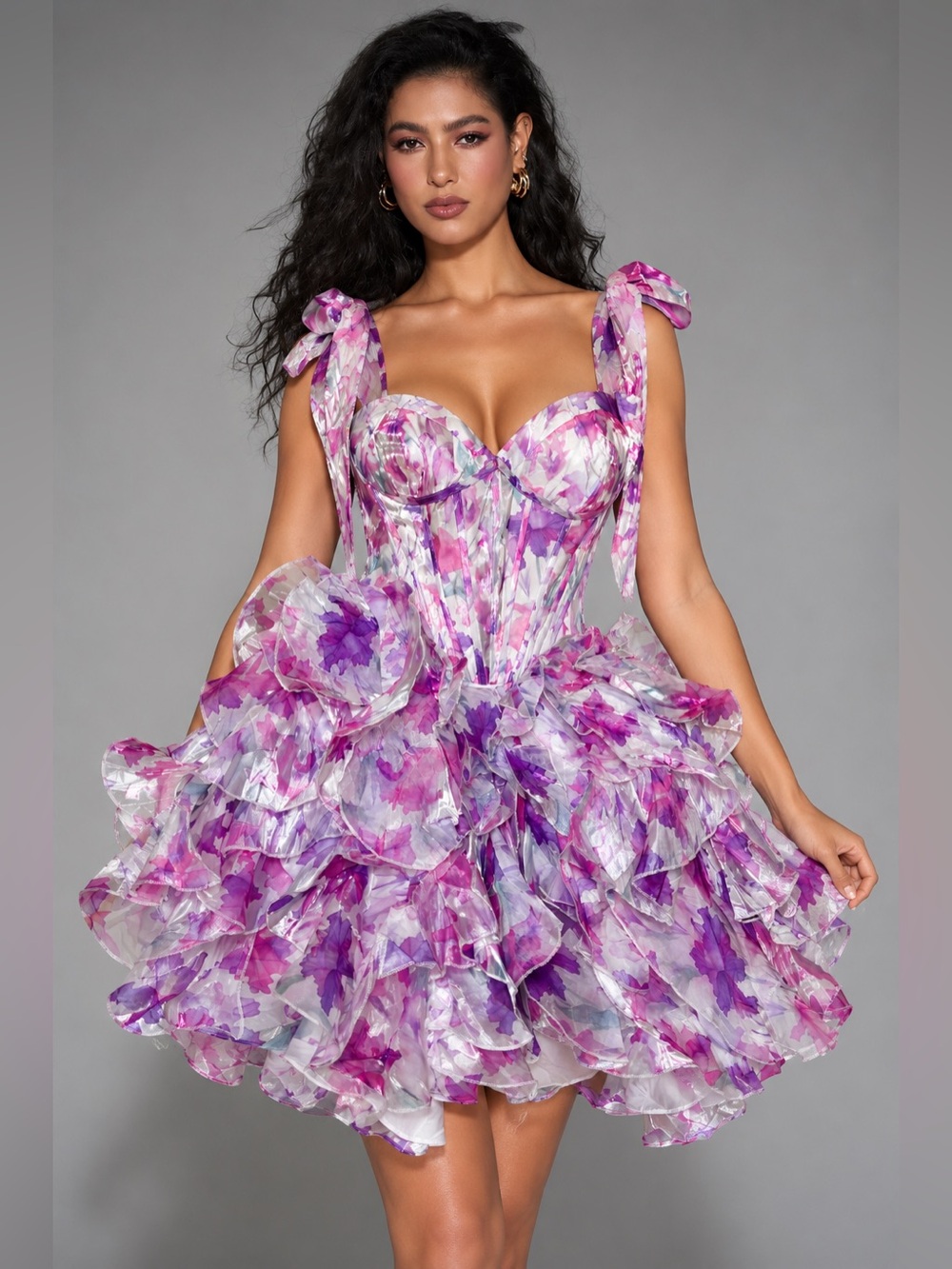 AW Bridal Zora Iridescent Floral Organza Ruffle Corset Mini Dress 14